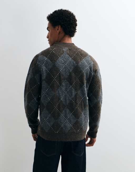 Brave Soul knitted cardigan in brown argyle print, 5 of 9