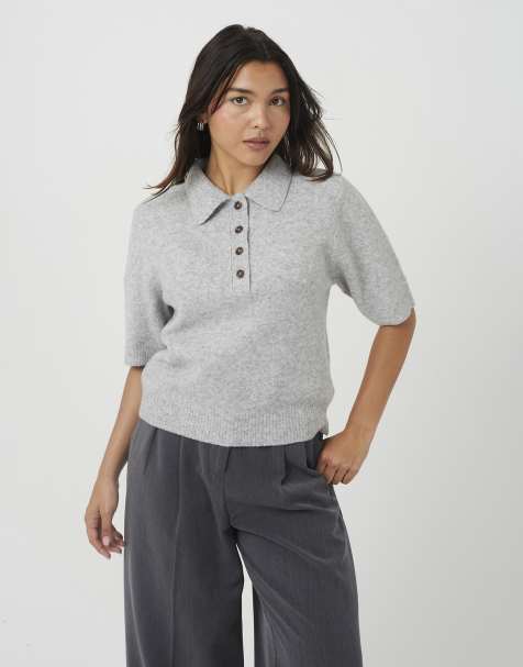Brave Soul Knitted collared button front top in light grey - view 1