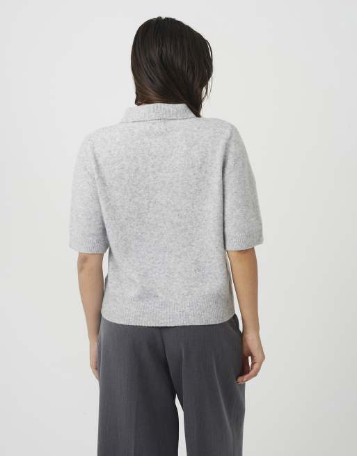 Brave Soul Knitted collared button front top in light grey, 2 of 4