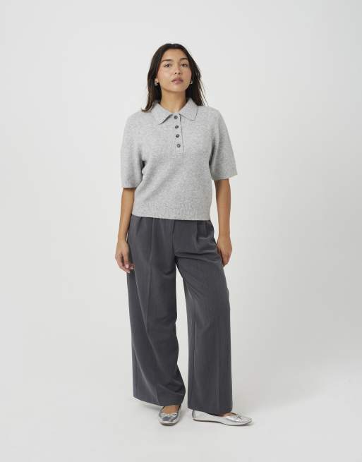 Brave Soul Knitted collared button front top in light grey, 3 of 4