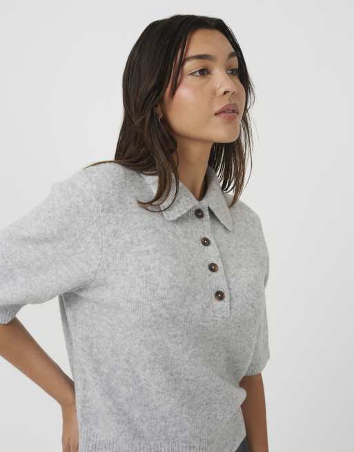 Brave Soul Knitted collared button front top in light grey, 4 of 4
