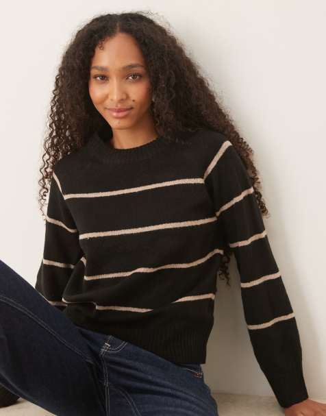 Brave Soul knitted crew neck jumper in black with mink stripe - view 1