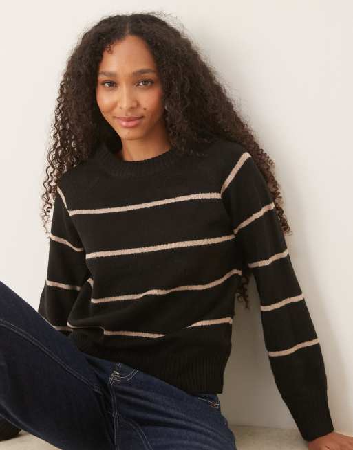 Brave Soul knitted crew neck jumper in black with mink stripe