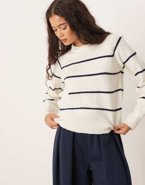 Brave Soul knitted crew neck jumper in ivory with navy stripe - view 1