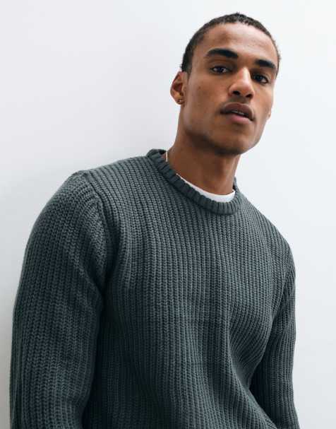 Brave Soul knitted crew neck sweater with ribbed cuffs and hem in sage green - view 1