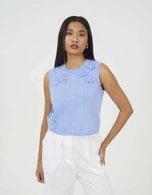 Brave Soul Knitted crew neck tank with crochet flowers in blue