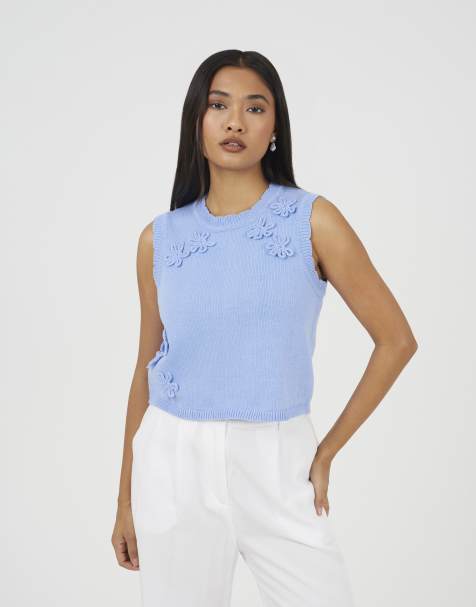 Brave Soul Knitted crew neck tank with crochet flowers in blue - view 1