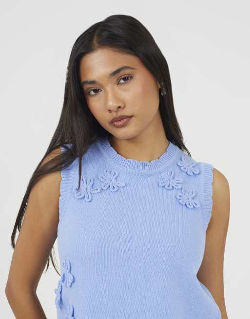 Brave Soul Knitted crew neck tank with crochet flowers in blue, 2 of 4