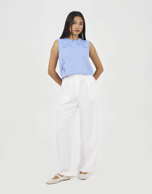 Brave Soul Knitted crew neck tank with crochet flowers in blue, 3 of 4
