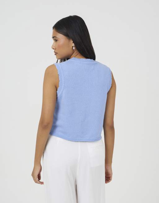 Brave Soul Knitted crew neck tank with crochet flowers in blue, 4 of 4