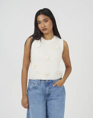 Brave Soul Knitted crew neck tank with crochet shells in cream-White