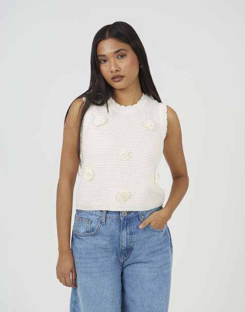 Brave Soul Knitted crew neck tank with crochet shells in cream