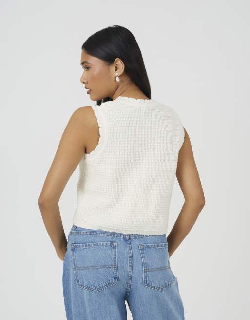 Brave Soul Knitted crew neck tank with crochet shells in cream, 4 of 4