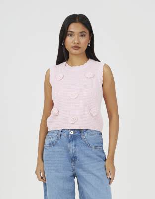 Brave Soul Knitted crew neck tank with crochet shells in pink