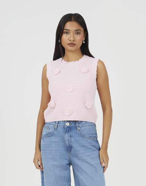 Brave Soul Knitted crew neck tank with crochet shells in pink - view 1