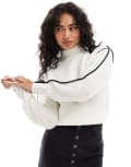 [Brave Soul] Brave Soul knitted drop shoulder high neck jumper in ivory with contrast black seam detail-White L Ivory