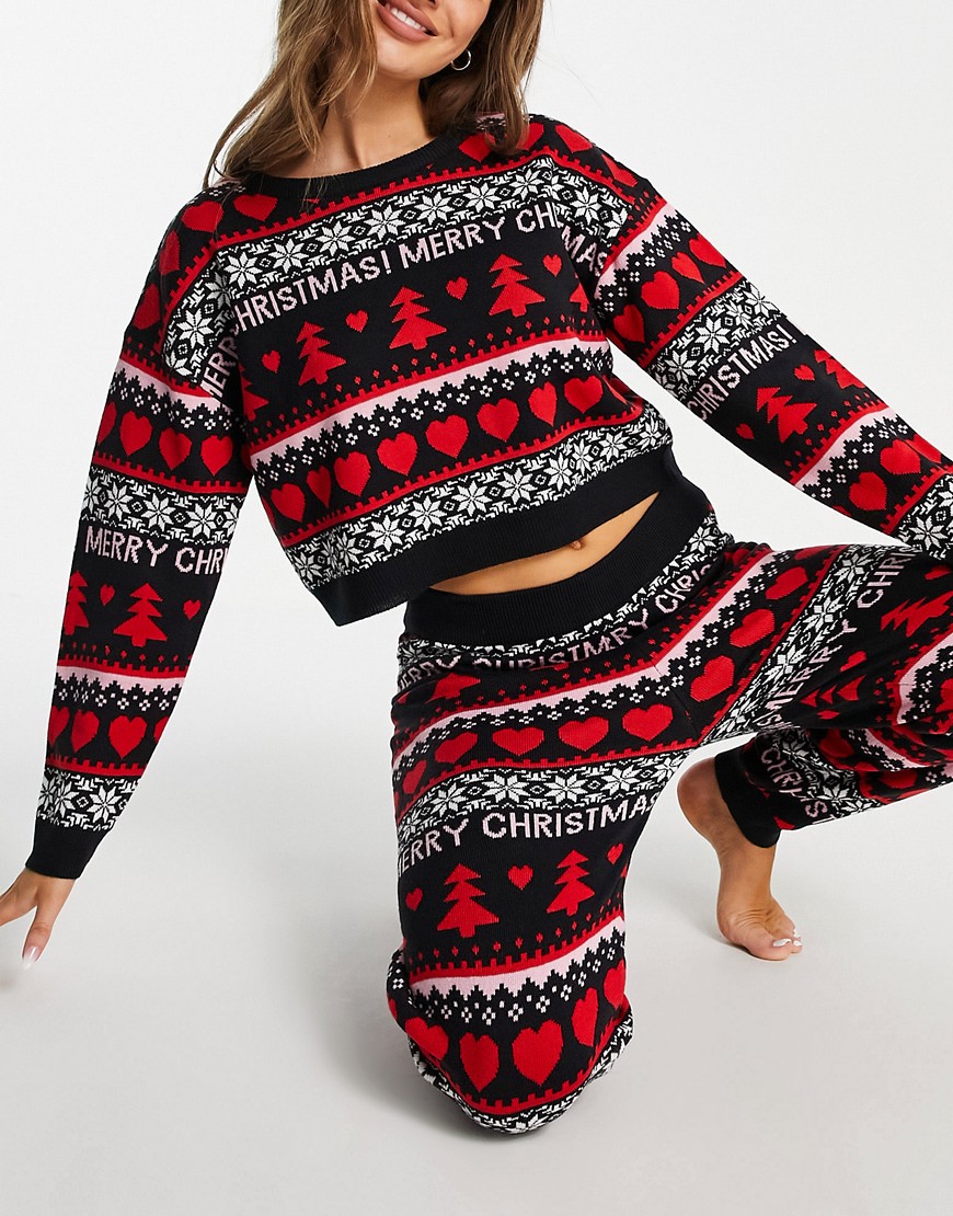 Brave Soul knitted fairisle christmas sweater and sweatpants set-Black