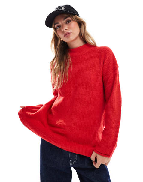 Brave Soul knitted high neck jumper in red - view 1