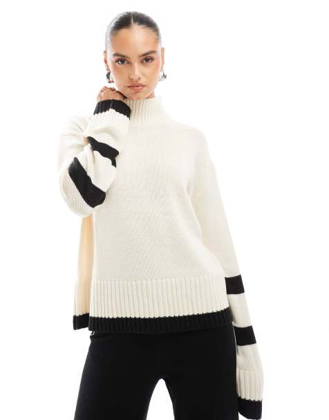Brave Soul knitted high neck jumper with stripe detail in cream - view 1