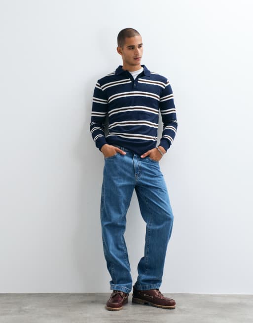 Brave Soul knitted jumper with button down placket in black, brown & blue stripe, 2 of 5
