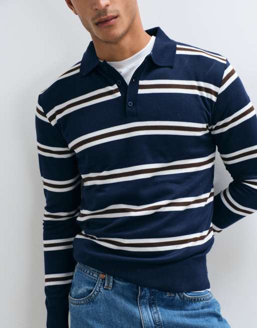 Brave Soul knitted jumper with button down placket in black, brown & blue stripe, 4 of 5