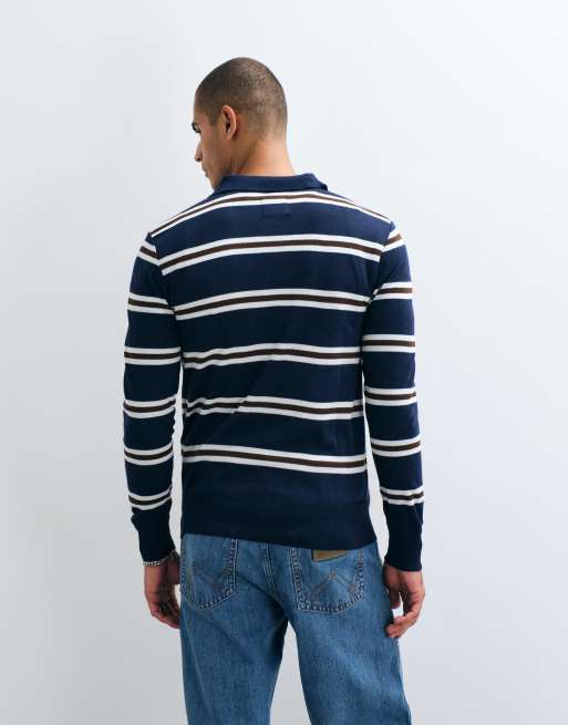 Brave Soul knitted jumper with button down placket in black, brown & blue stripe, 5 of 5