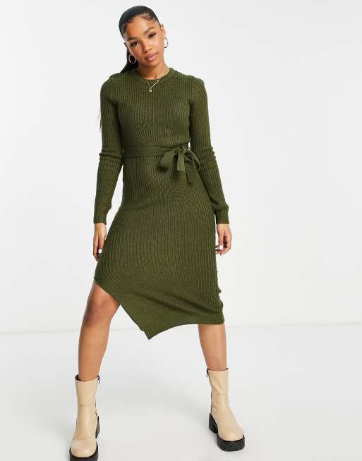 Brave Soul knitted maxi dresss with leg slit in khaki