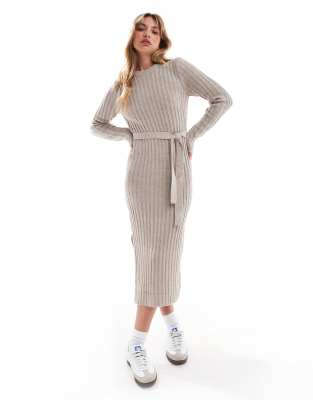 Brave Soul knitted midi dress with slit in beige