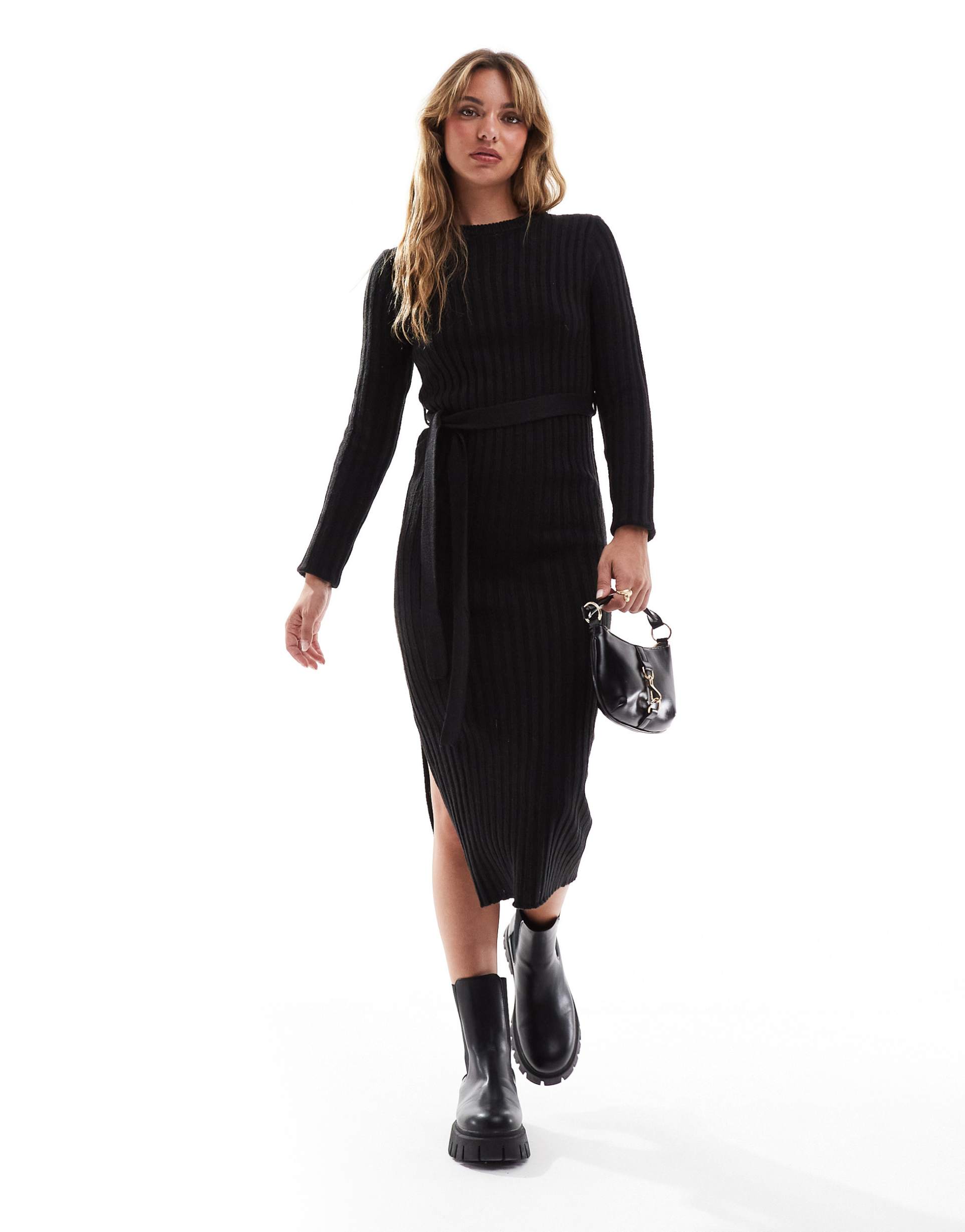 brave soul knitted midi dress with slit in black