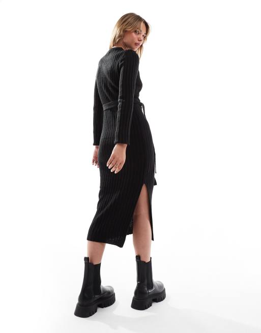 Brave Soul knitted midi dress with slit in black