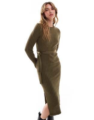 Brave Soul knitted midi dress with slit in khaki