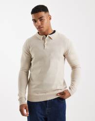 Brave Soul knitted polo shirt in stone