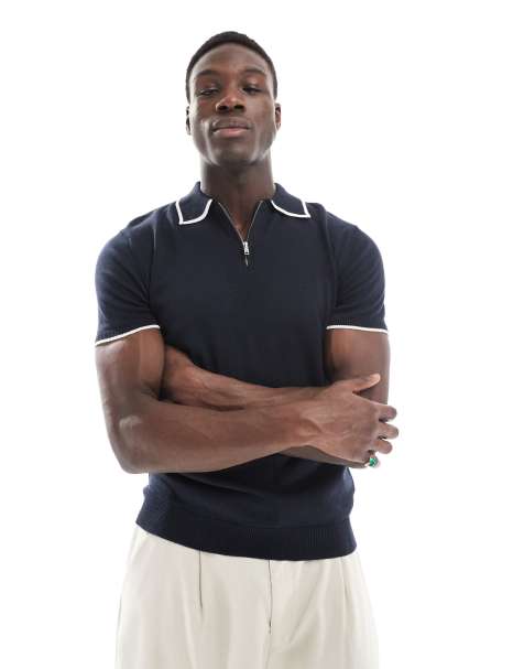 Brave Soul knitted polo shirt with contrast tipping in navy - view 1