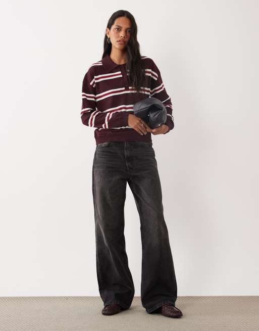 Brave Soul knitted polo top in brown, red and ivory stripe, 2 of 4