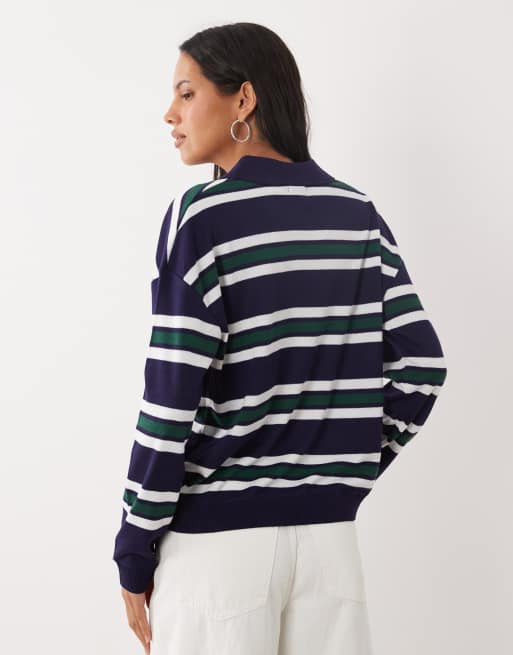 Brave Soul knitted polo top in navy, green and ivory stripe, 4 of 4