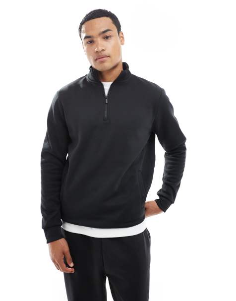 Brave Soul knitted quarter zip funnel neck jumper in black - view 1
