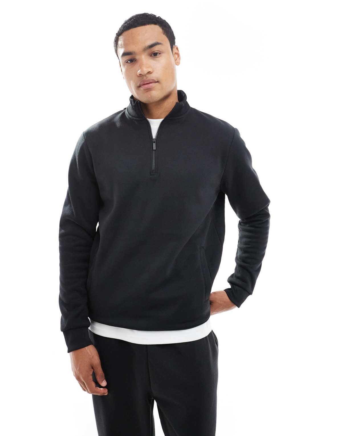 Brave Soul knitted quarter zip funnel neck jumper in black