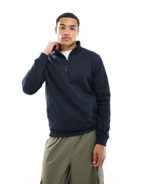 Brave Soul knitted quarter zip funnel neck jumper in navy - view 1