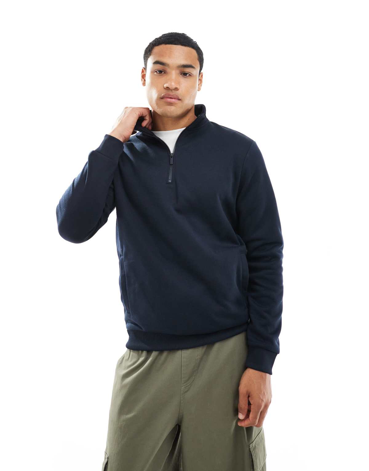 Brave Soul knitted quarter zip funnel neck jumper in navy