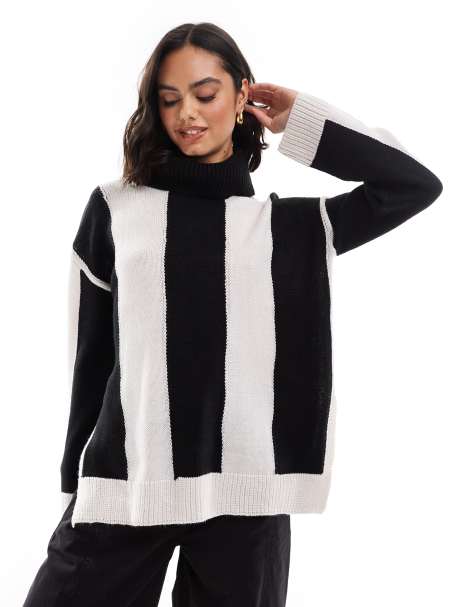 Brave Soul knitted roll neck jumper in black and cream stripe - view 1