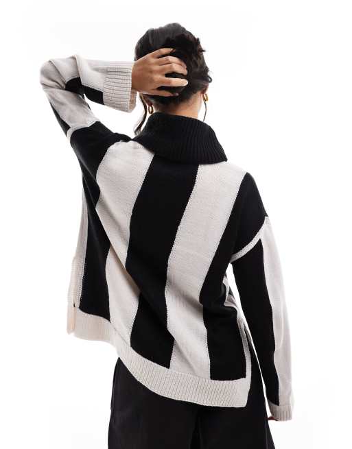 Brave Soul knitted roll neck jumper in black and cream stripe, 2 of 4