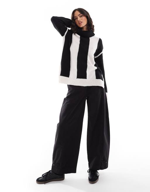 Brave Soul knitted roll neck jumper in black and cream stripe, 4 of 4