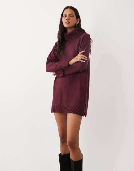 Brave Soul knitted roll neck mini dress in cherry red, 2 of 4