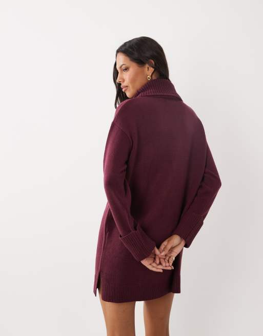 Brave Soul knitted roll neck mini dress in cherry red, 4 of 4