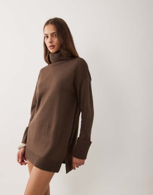 Brave Soul knitted roll neck mini dress in chocolate brown, 2 of 4