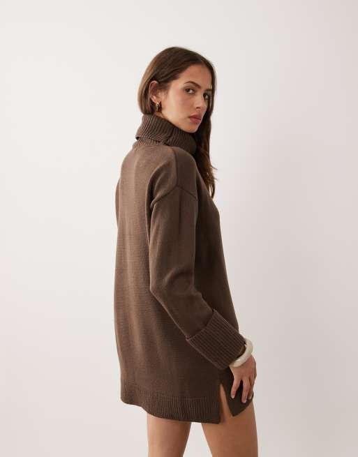 Brave Soul knitted roll neck mini dress in chocolate brown, 3 of 4