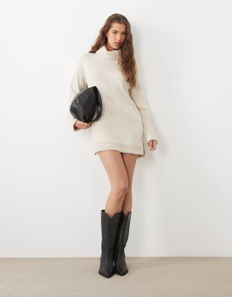 Brave Soul knitted roll neck mini dress in oatmeal - view 1