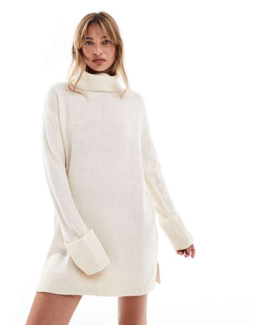 Brave Soul knitted roll neck mini jumper dress in cream