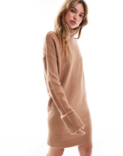 Brave Soul knitted roll neck mini jumper dress in tan - view 1