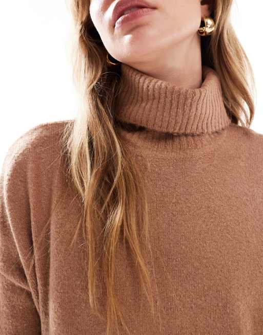 Brave Soul knitted roll neck mini jumper dress in tan, 4 of 4
